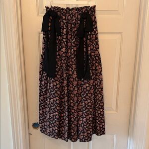WeWoreWhat Floral Black and Pink Paperbag Waist Midi Skirt